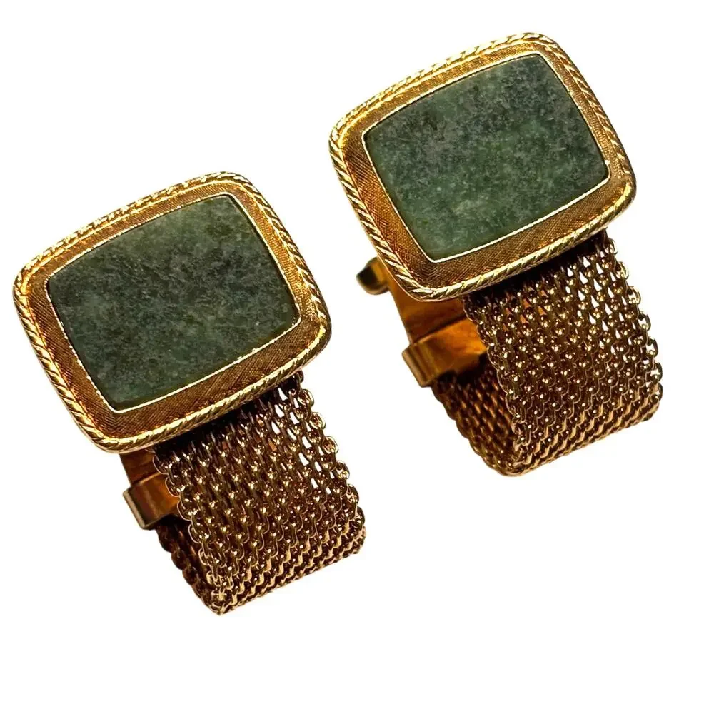 Vintage Mid Century Wrap Cufflinks goldtone mesh & green faux marble classics